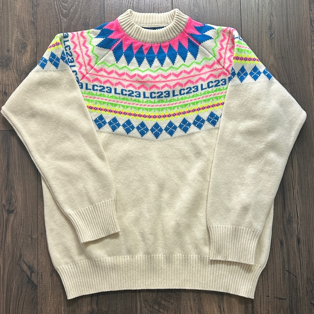 Men's Cream and Multicolor Crewneck Sweater